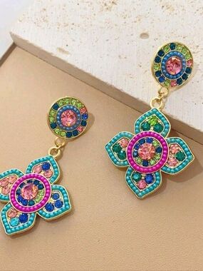 Multicolor Crystal Flower Drop Earrings - Women Jewelry